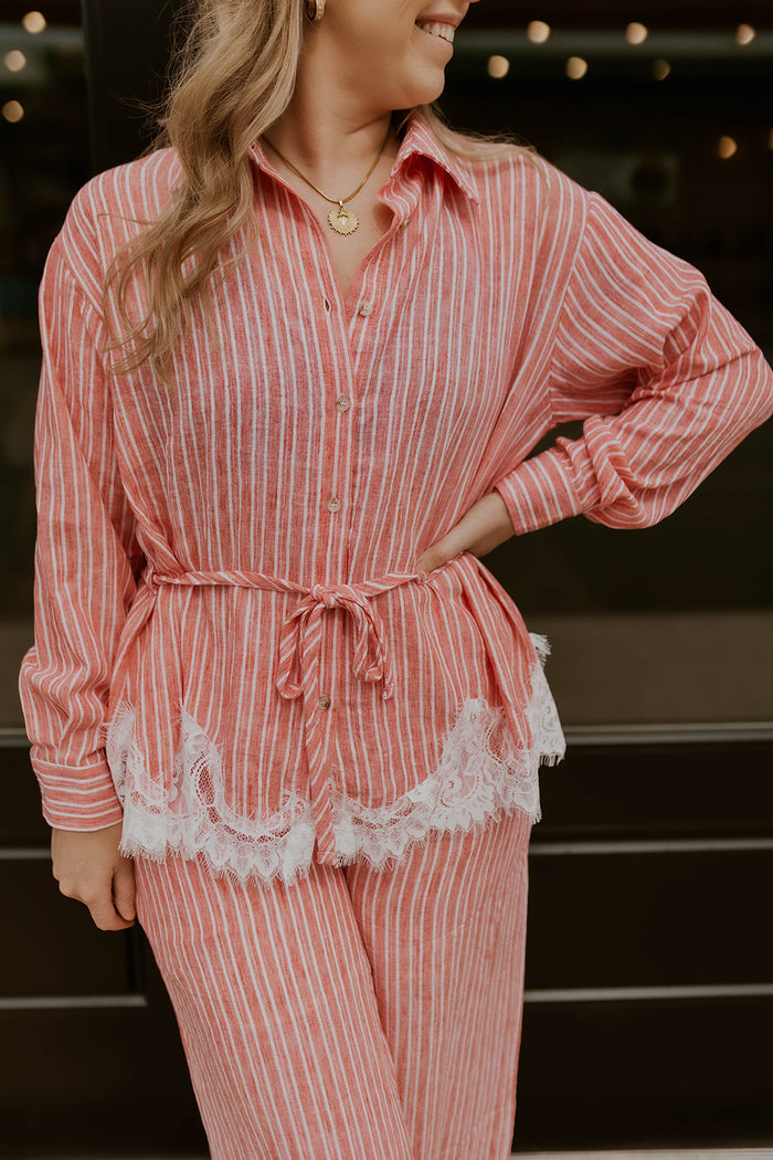 Petal & Pinstripe Tie Waist Top- Light Red