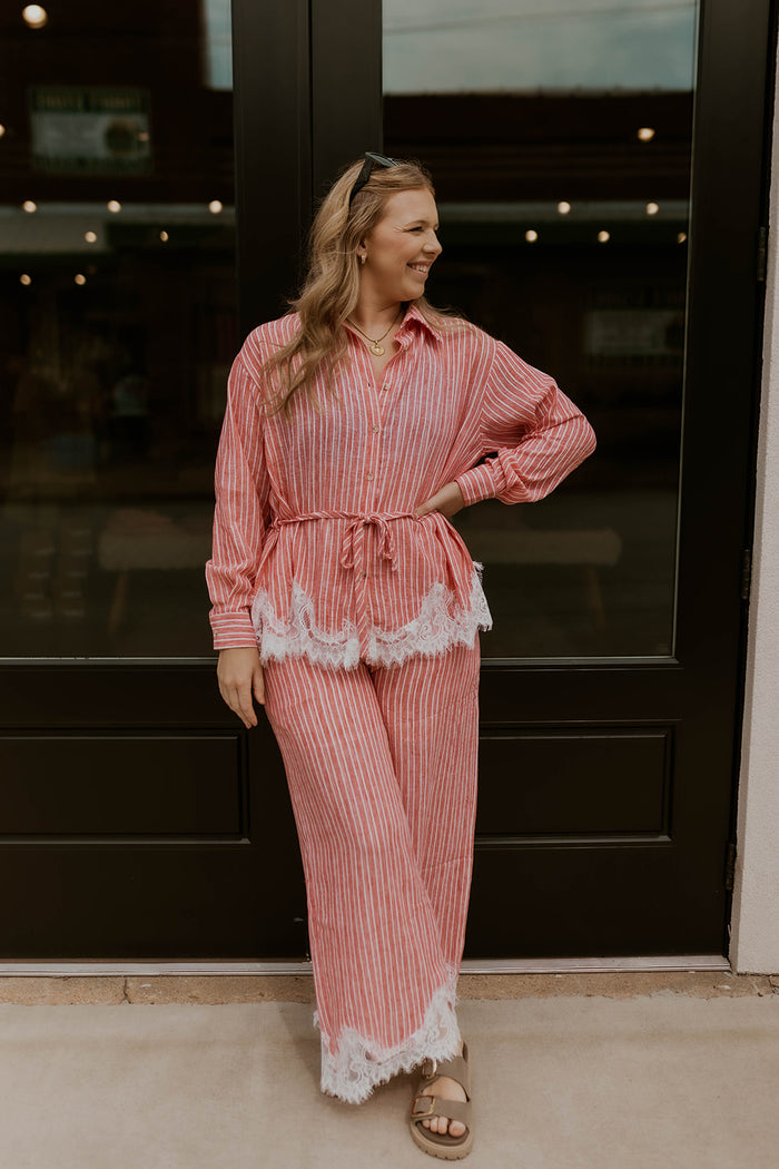 Petal & Pinstripe Tie Waist Top- Light Red