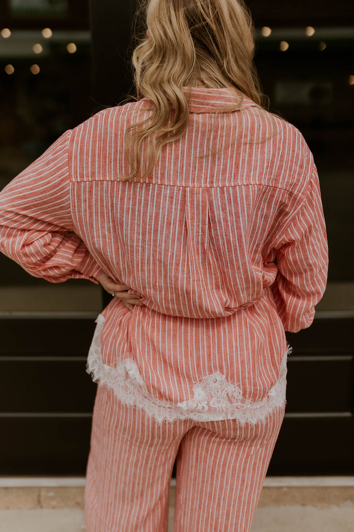 Petal & Pinstripe Tie Waist Top- Light Red