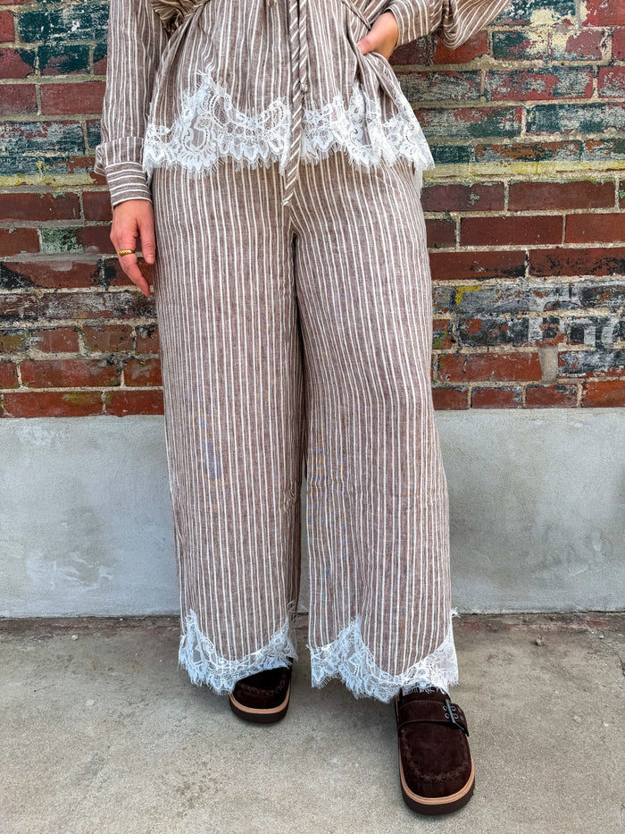 Petal & Pinstripe Wide Leg Pants- Mocha