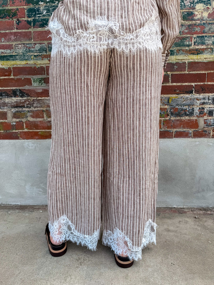 Petal & Pinstripe Wide Leg Pants- Mocha