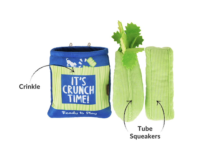 P.L.A.Y. Picked Fresh Crunch Bunch Toy image on a white background with features like tube squeakers and crinkles pointed out.