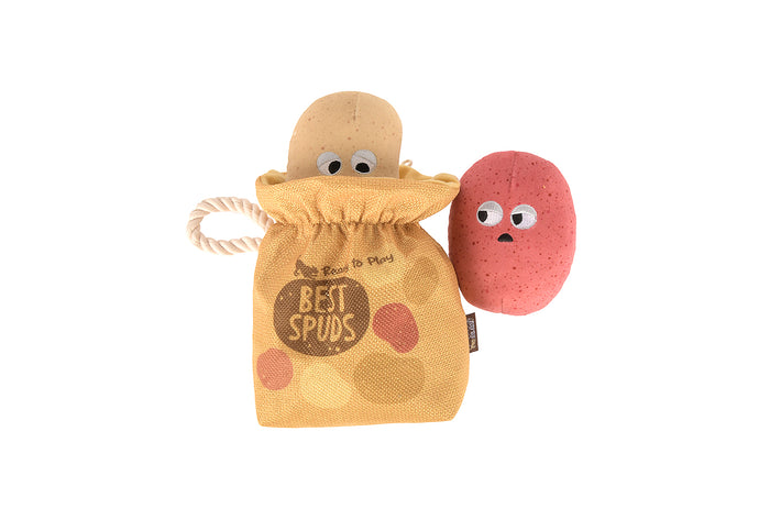 P.L.A.Y.'s Picked Fresh Potato Pals Toy: two potatoes with a drawstring bag labeled 'Best Spuds' on a white background