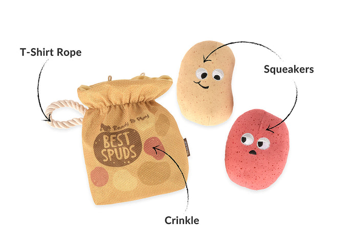 P.L.A.Y.'s Picked Fresh Potato Pals Toy feature image pointing out t-shirt rope, crinkle elements and squeakers on a white background.