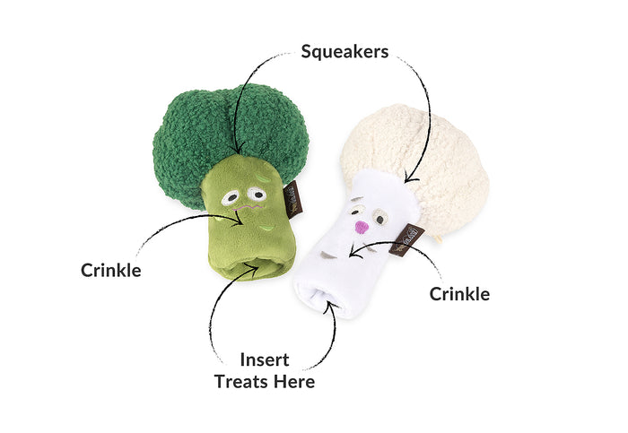 P.L.A.Y.'s Picked Fresh Veggie Munch Duo Toy Set: Two crinkle toys, one green broccoli and one white cauliflower, with text indicating features and instructions on a white background