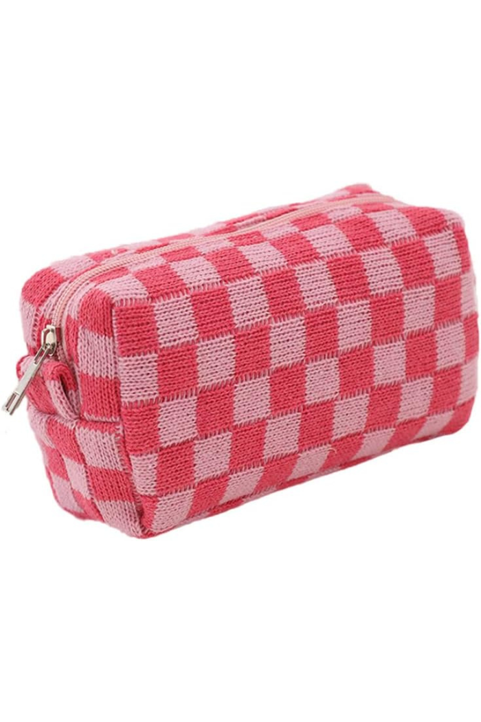 Pink Checkered Knit Pouch