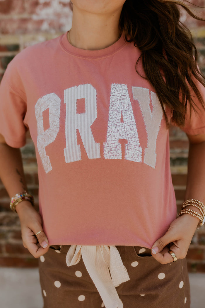 Pray Patched Graphic Tee- Neutral Pink