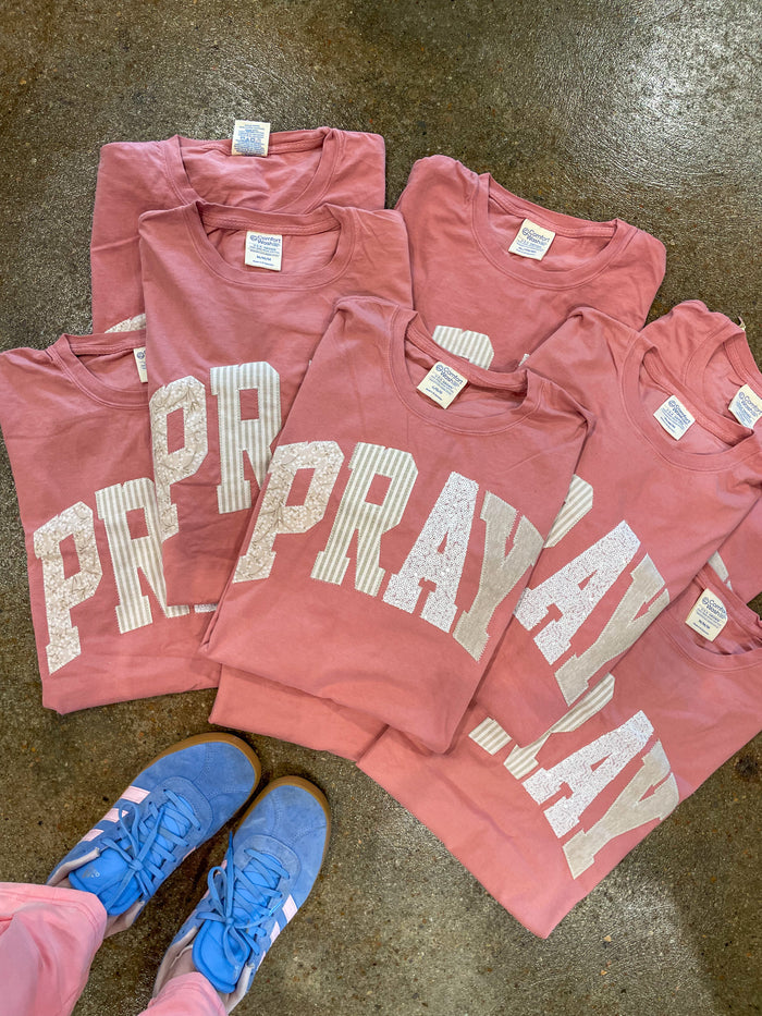 Pray Patched Graphic Tee- Neutral Pink