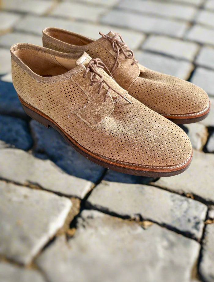 Private White V.C X Grenson Williams Perforated Suede Derby Shoe In Mushroom Brown - House Of Huntington