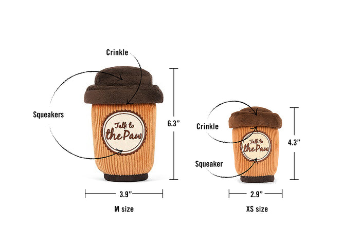 P.L.A.Y.'s Pup Cup Cafe Collection - Doggo's Java Toy features and sizing shown