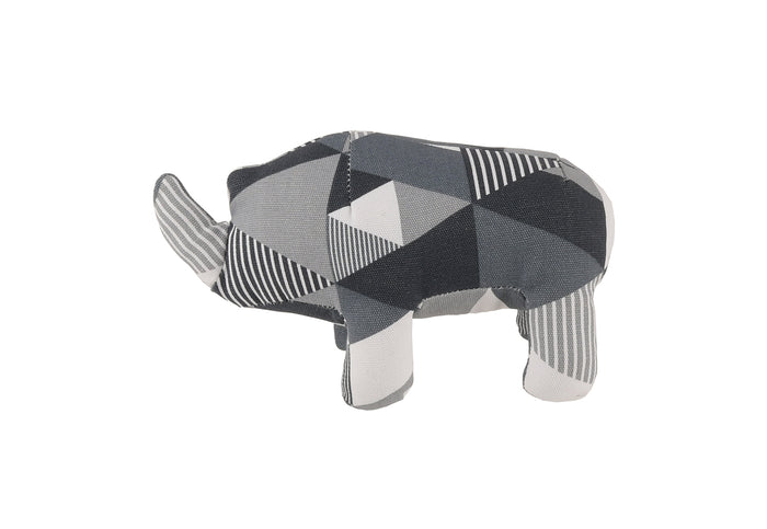 P.L.A.Y. Upcycled Zoo Pal Rhino plush toy with a geometric patterned dog toy on a white background