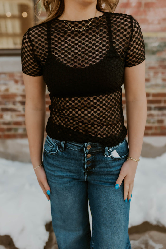 Round Neck Mesh Top- Black