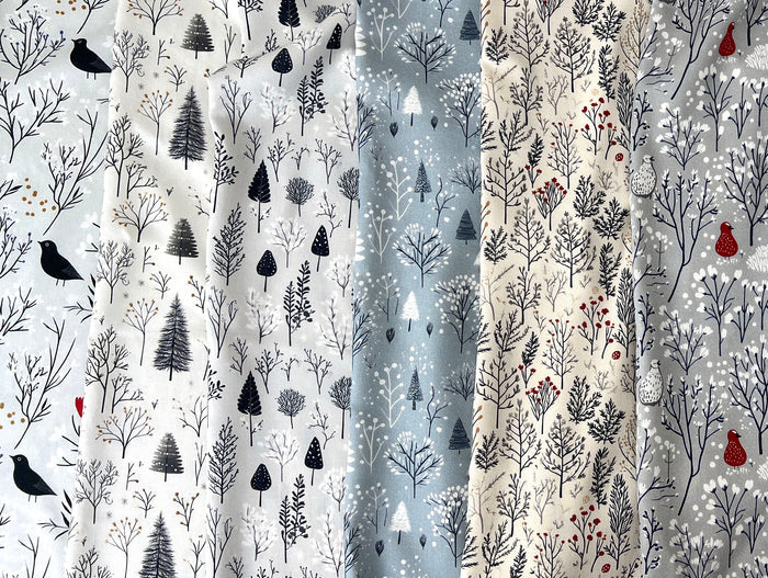 Scandinavian Winter Forest Print Rayon Wool Fabric – Light Twill Weave, Soft Pre-Washed