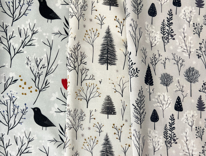 Scandinavian Winter Forest Print Rayon Wool Fabric – Light Twill Weave, Soft Pre-Washed