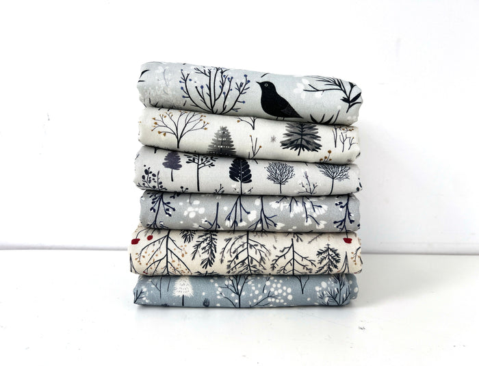 Scandinavian Winter Forest Print Rayon Wool Fabric – Light Twill Weave, Soft Pre-Washed