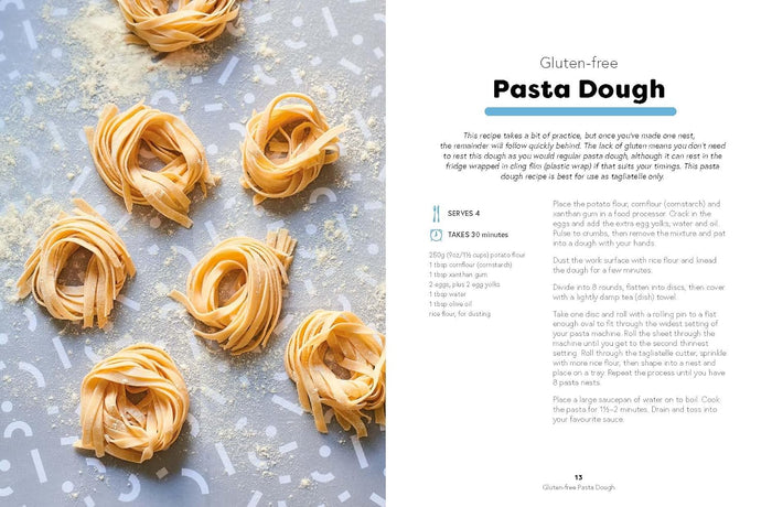 Gluten-free pasta dough recipe with images of pasta on a gray surface