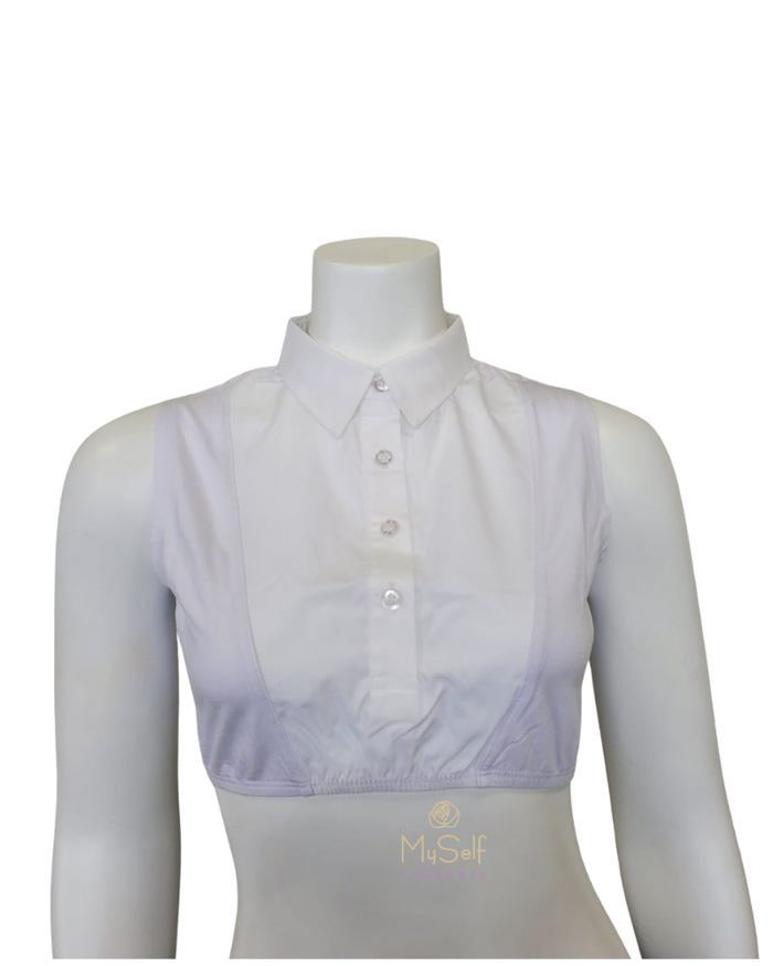 Gemsli SH325 White Sleeveless Crop Shell w/ Placket and Pointed Collar myselflingerie.com
