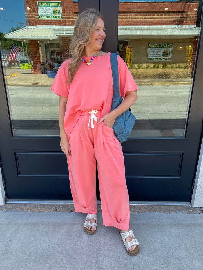 Short Sleeve Mineral Wash Set- Coral