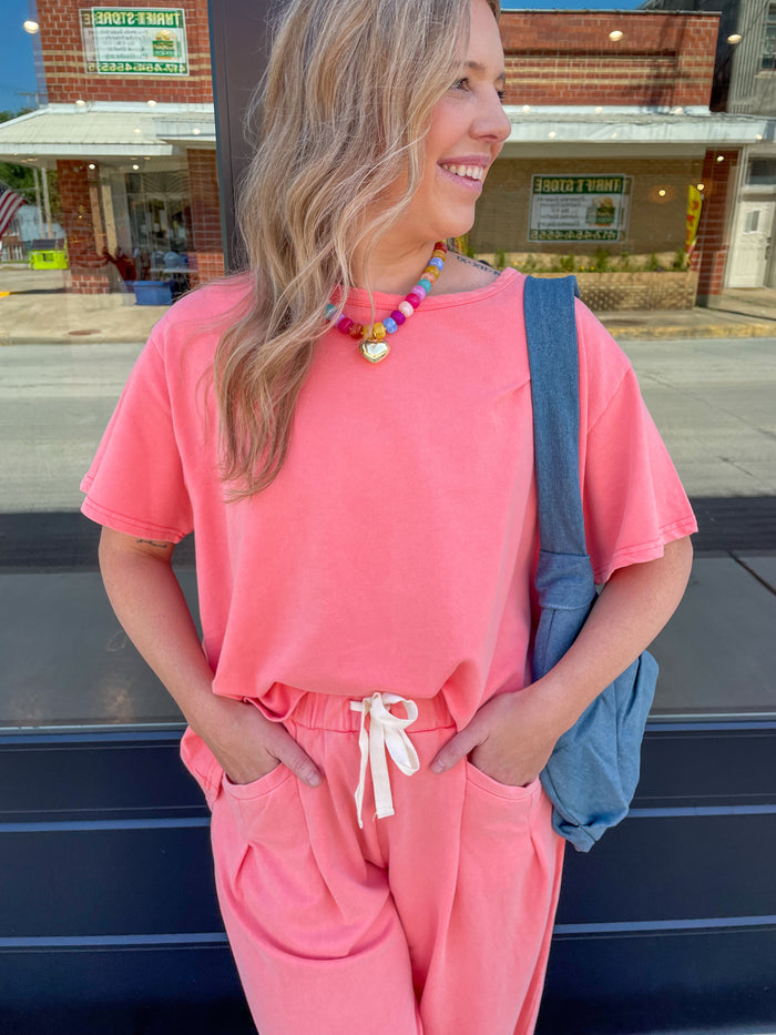 Short Sleeve Mineral Wash Set- Coral