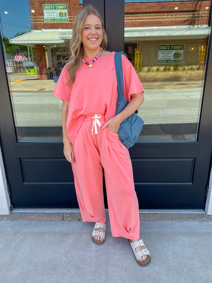Short Sleeve Mineral Wash Set- Coral