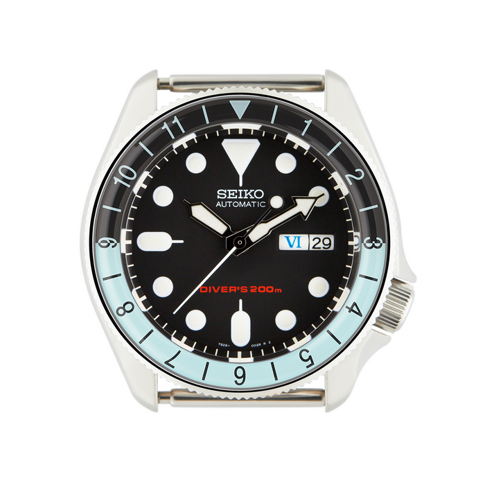 SKX007/SRPD Glass Bezel Insert: Dual Time Style Black/Sky Blue