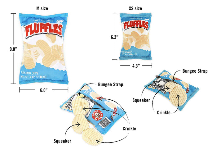 Snack Attack Collection by P.L.A.Y. Fluffles Toys with features pointed out and sizing shown