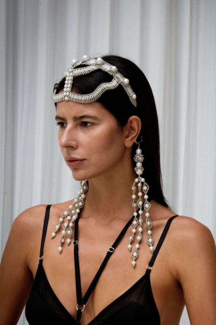 woman with khutulun headband and handcrafted modular trinity medallions in pearl by object and dawn