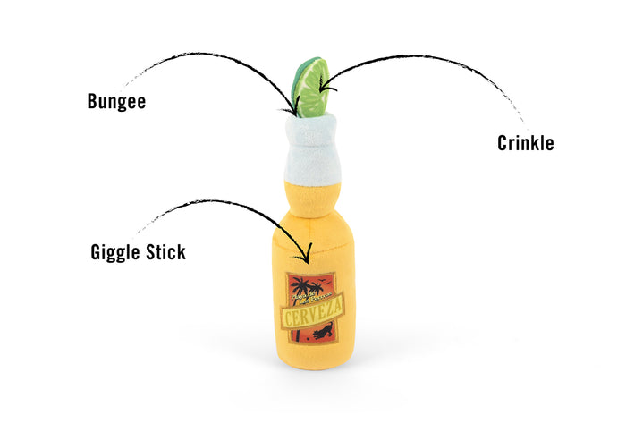 P.L.A.Y.'s Tropical Paradise Collection Canine Cerveza Toy with features pointed out