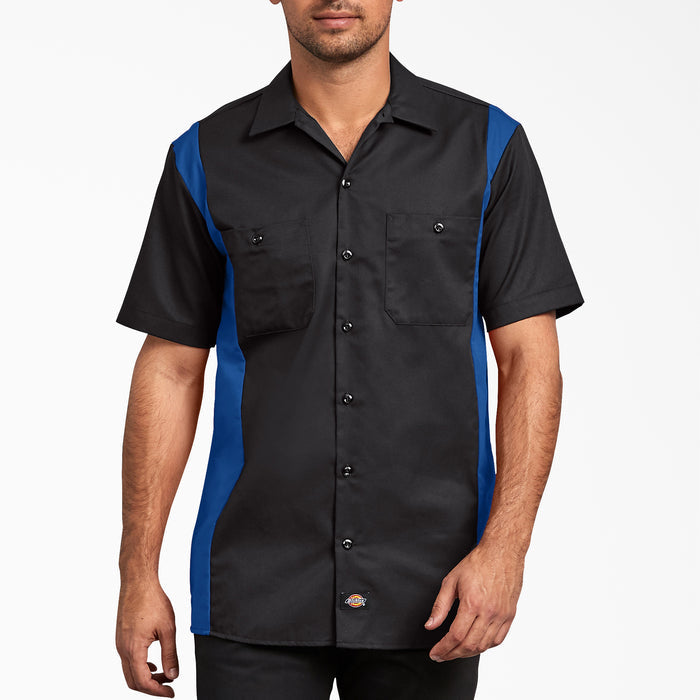 Black and blue short sleeve work shirt with chest pockets and button front closure.