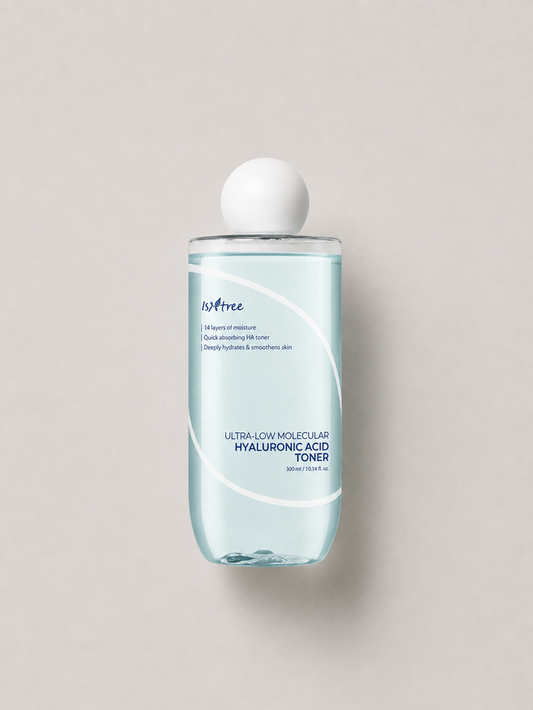 A bottle of korean skincare - Isntree Ultra-Low Molecular Hyaluronic Acid Toner with a white spherical cap, set against a solid light gray background. 300 ml.