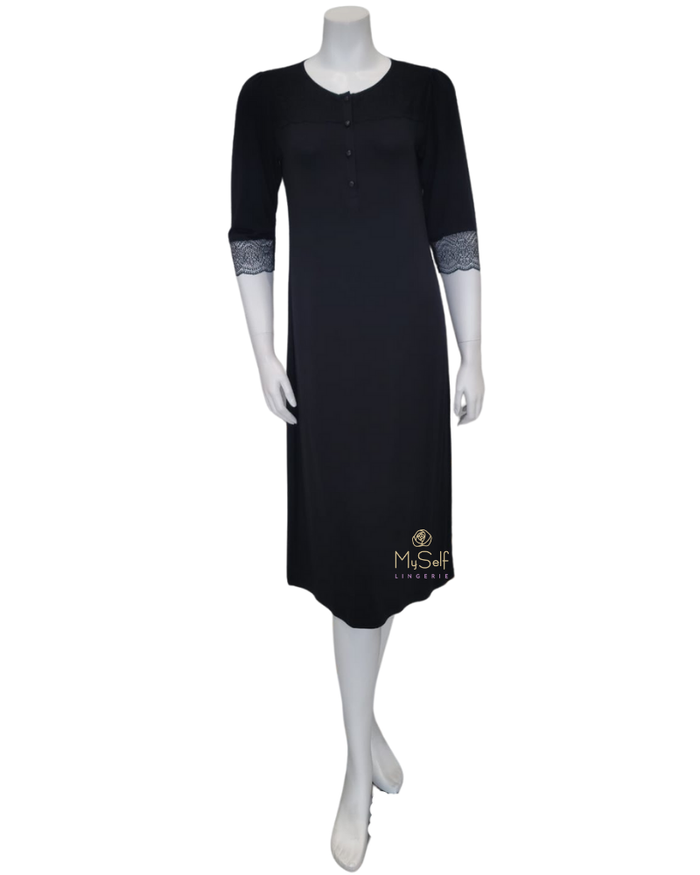 Vanilla Night and Day B49 Lace Button Down Antique Black Modal Nightshirt myselflingerie.com