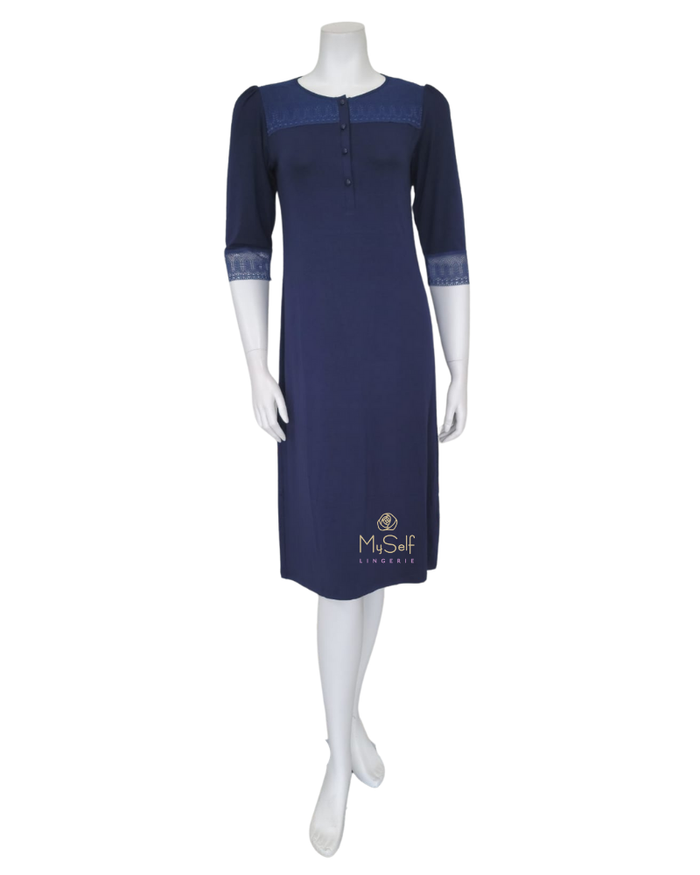 Vanilla Night and Day B49 Lace Button Down Antique Navy Modal Nightshirt myselflingerie.com