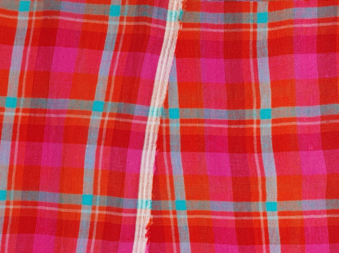 Vibrant Red Madras Plaid Linen: Medium-Light Weight 7813 - The Linen Lab - Red