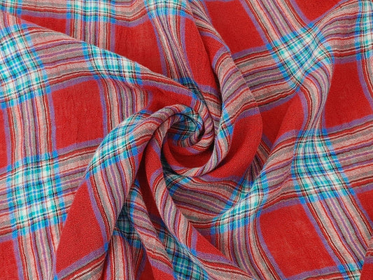 Vibrant Wrinkle-Textured Plaid: Linen Polyester Blend for Effortless Style 7580 - The Linen Lab - Red
