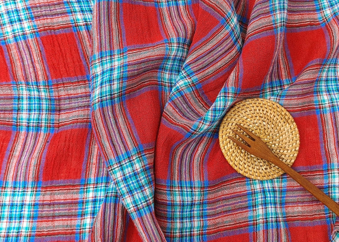 Vibrant Wrinkle-Textured Plaid: Linen Polyester Blend for Effortless Style 7580 - The Linen Lab - Red
