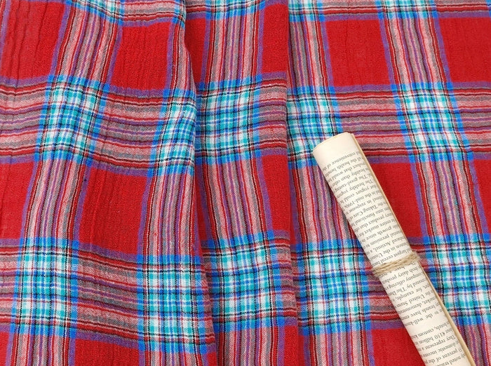 Vibrant Wrinkle-Textured Plaid: Linen Polyester Blend for Effortless Style 7580 - The Linen Lab - Red