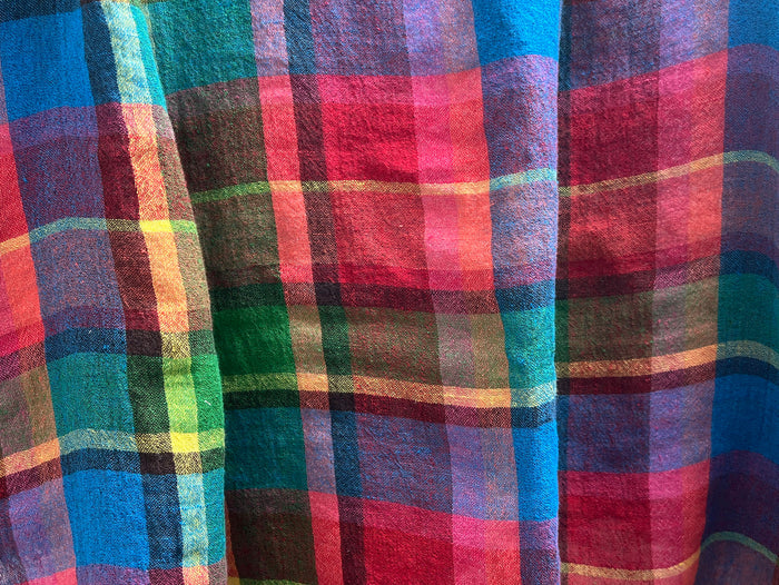 Vivid Multicolor Madras Plaid Linen Blend Fabric – Light Weight with Natural Wrinkle Effect  7587