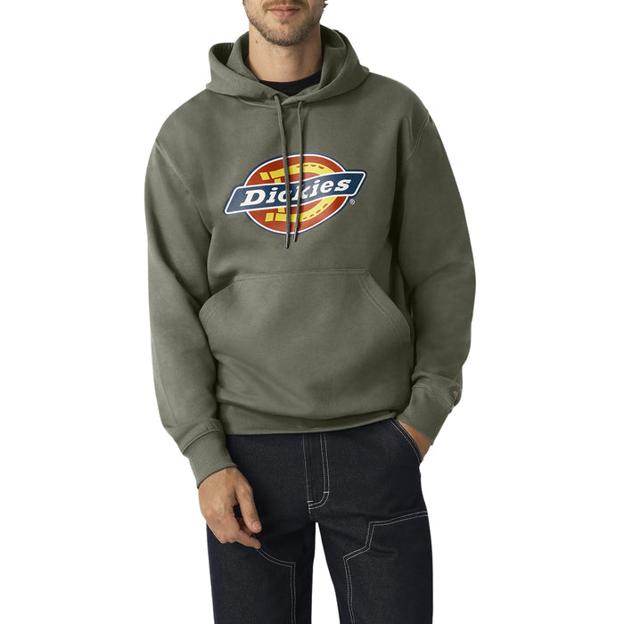 Sage green hoodie with Dickies logo graphic and drawstring hood on model.