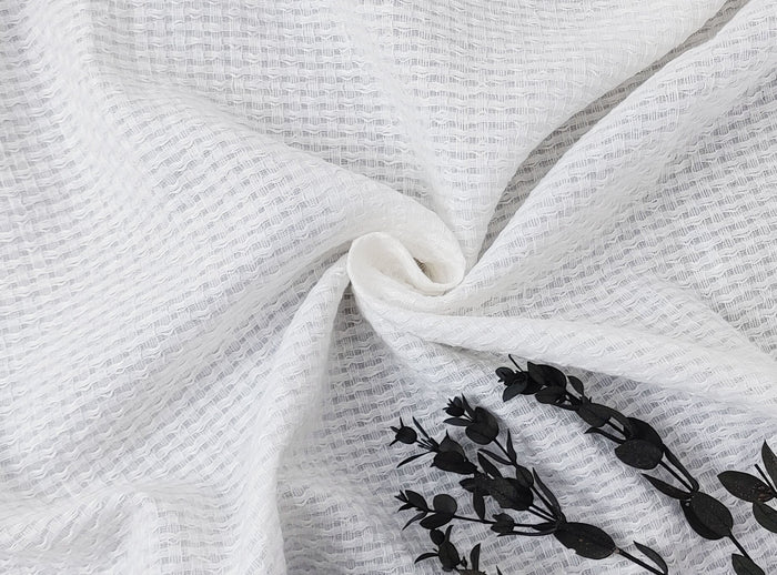 White Linen Cotton Dobby with Uneven Weave and Check Pattern 4899 - The Linen Lab - White