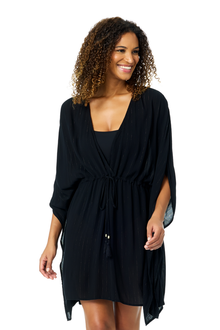 Women's Black V Neck Kimono With Drawstring Waist Detail Cover Up