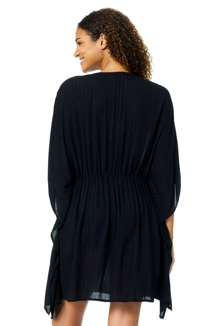 Women's Black V Neck Kimono With Drawstring Waist Detail Cover Up