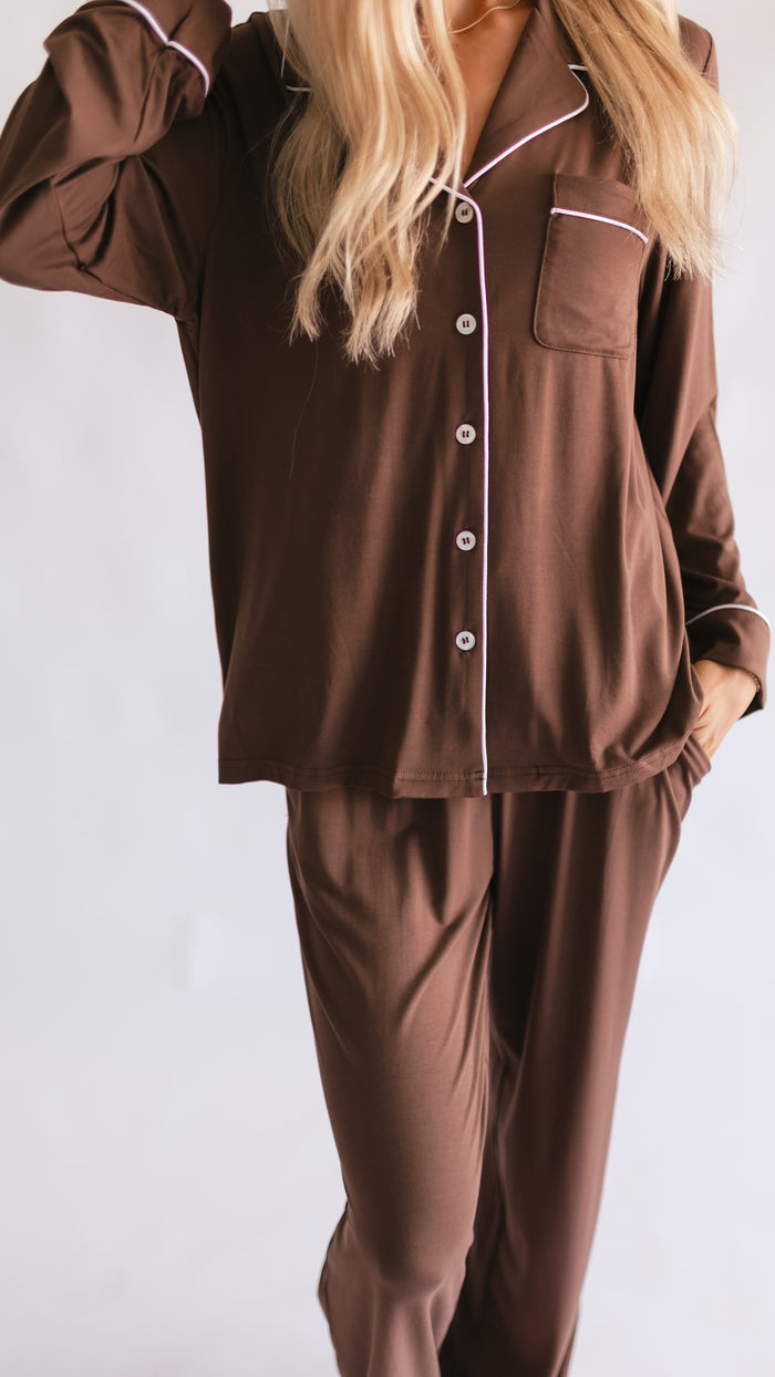 Women's Button Up Set In Chocolate Brown