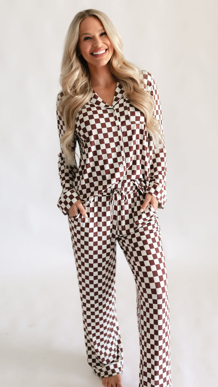 Women's Button Up Set In Cream + Brown Checkered