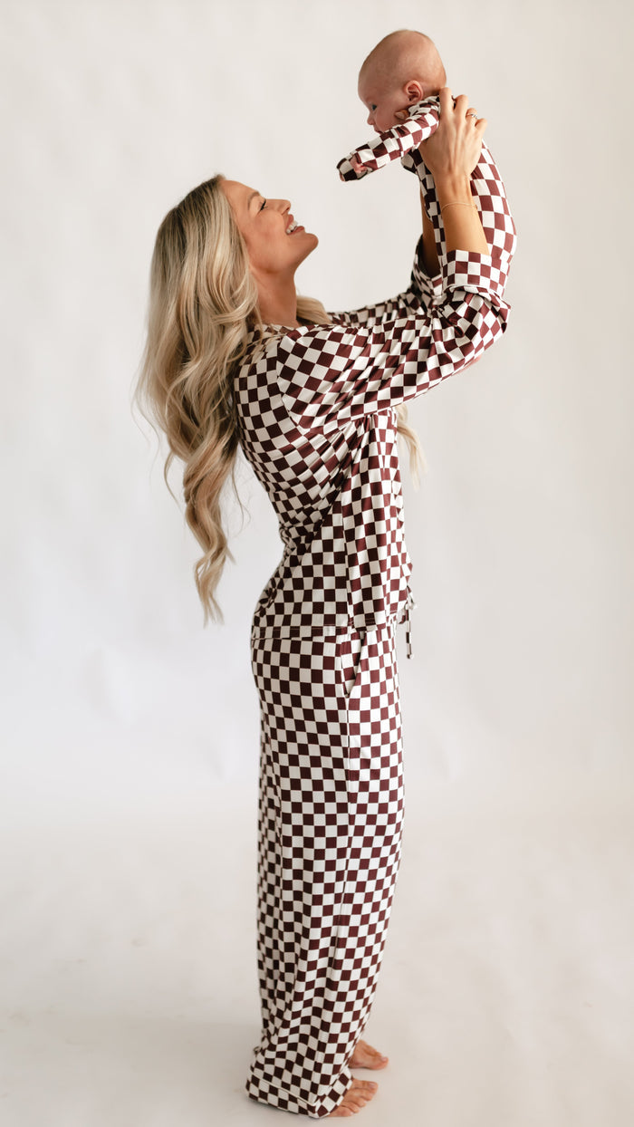 Women's Button Up Set In Cream + Brown Checkered