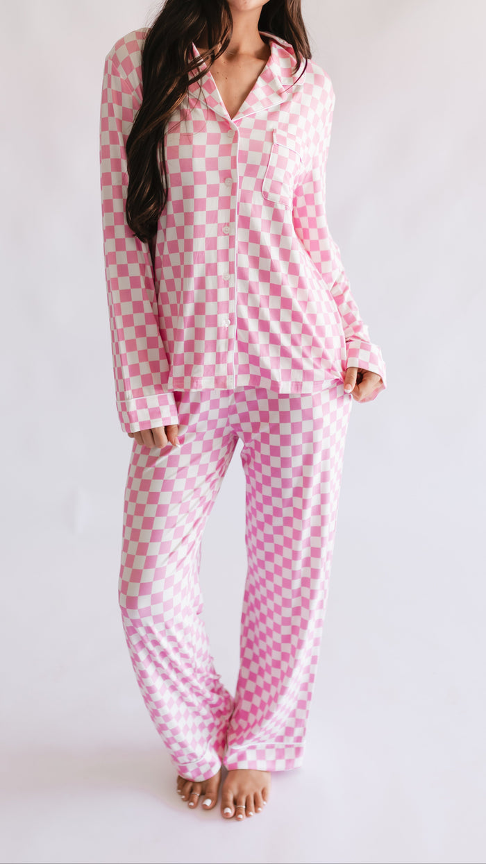 Women's Button Up Set In Pink Checkered