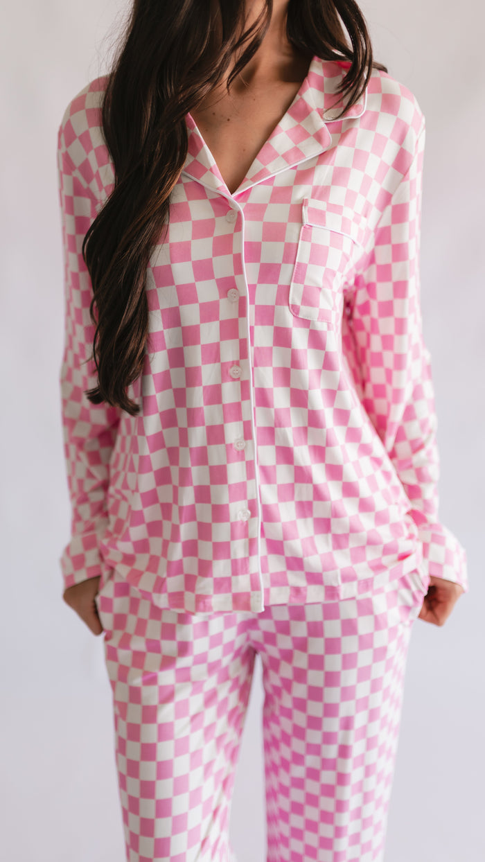 Women's Button Up Set In Pink Checkered