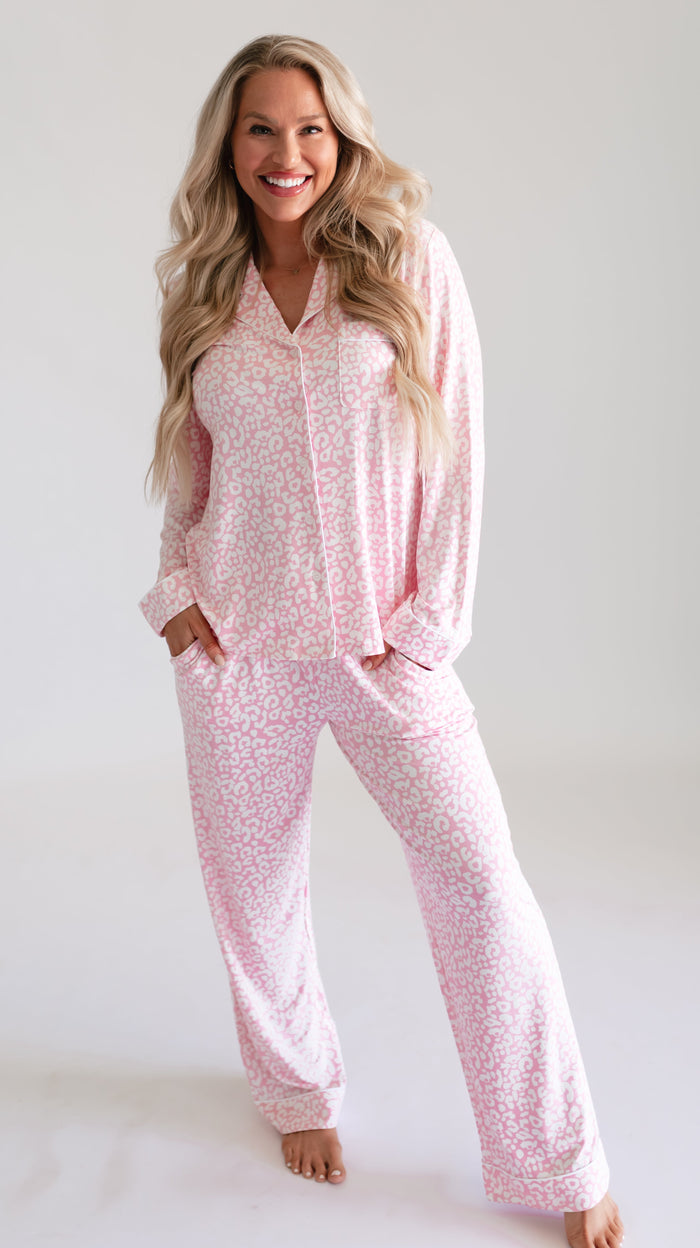 Women's Button Up Set In Pink Leopard