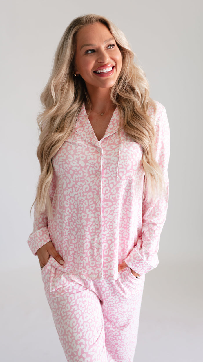Women's Button Up Set In Pink Leopard