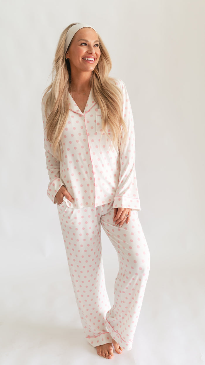 Women's Button Up Set In White & Pink Polka Dot