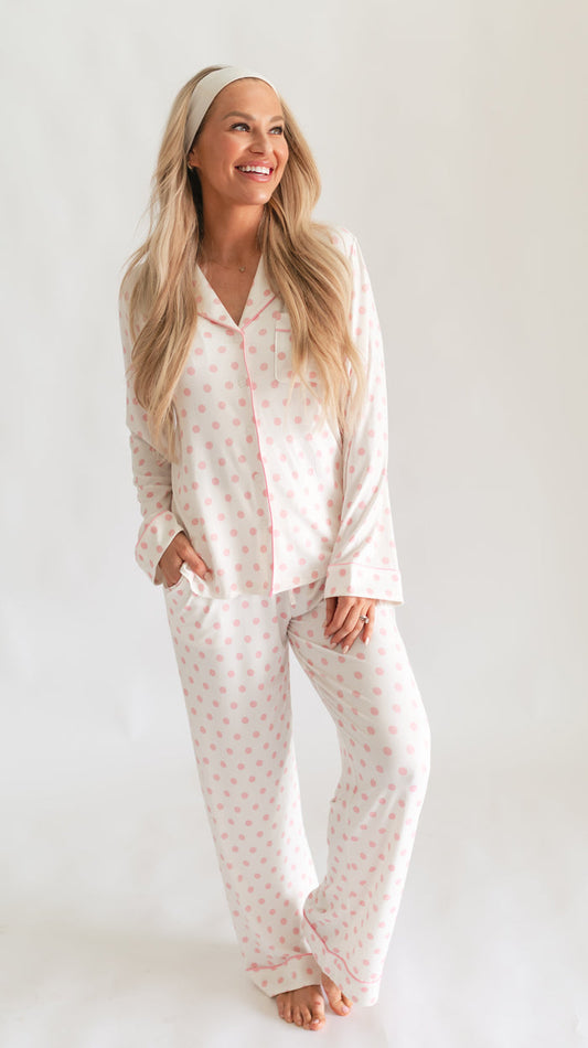 Women's Button Up Set In White & Pink Polka Dot